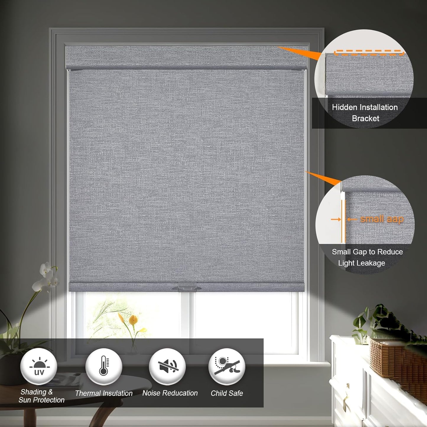 Persilux Blackout Roller Shades for Indoor Windows with Upgraded Cassette, Cordless Shades Window Blinds Pull Down for Doors, Easy to Install for Office/Living Room/Bedroom, Grey(25.5" W x 56" H)