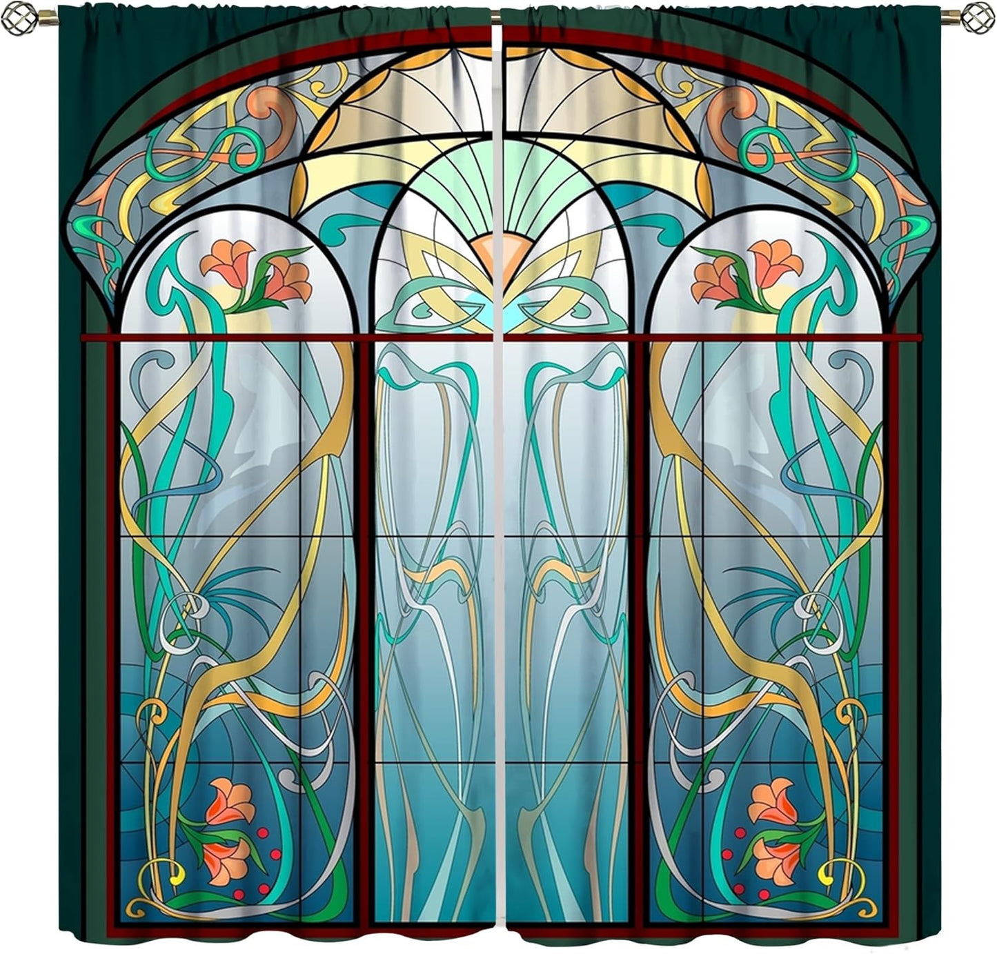Stained Glass Curtains, Retro Mid Century Boho Abstract Art Home Decor Drapes for Bedroom Living Room Kitchen Window Treatment 2 Panels Set Total Size 42" W X 63" L Inch