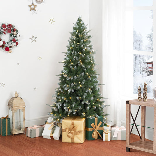 Naomi Home 4.5ft White Tip Christmas Tree with Lights, Realistic Light Snow Flocked Fir Prelit with 679 Branch Tips, 200 Warm Lights and Metal Stand, Aritificial Tree