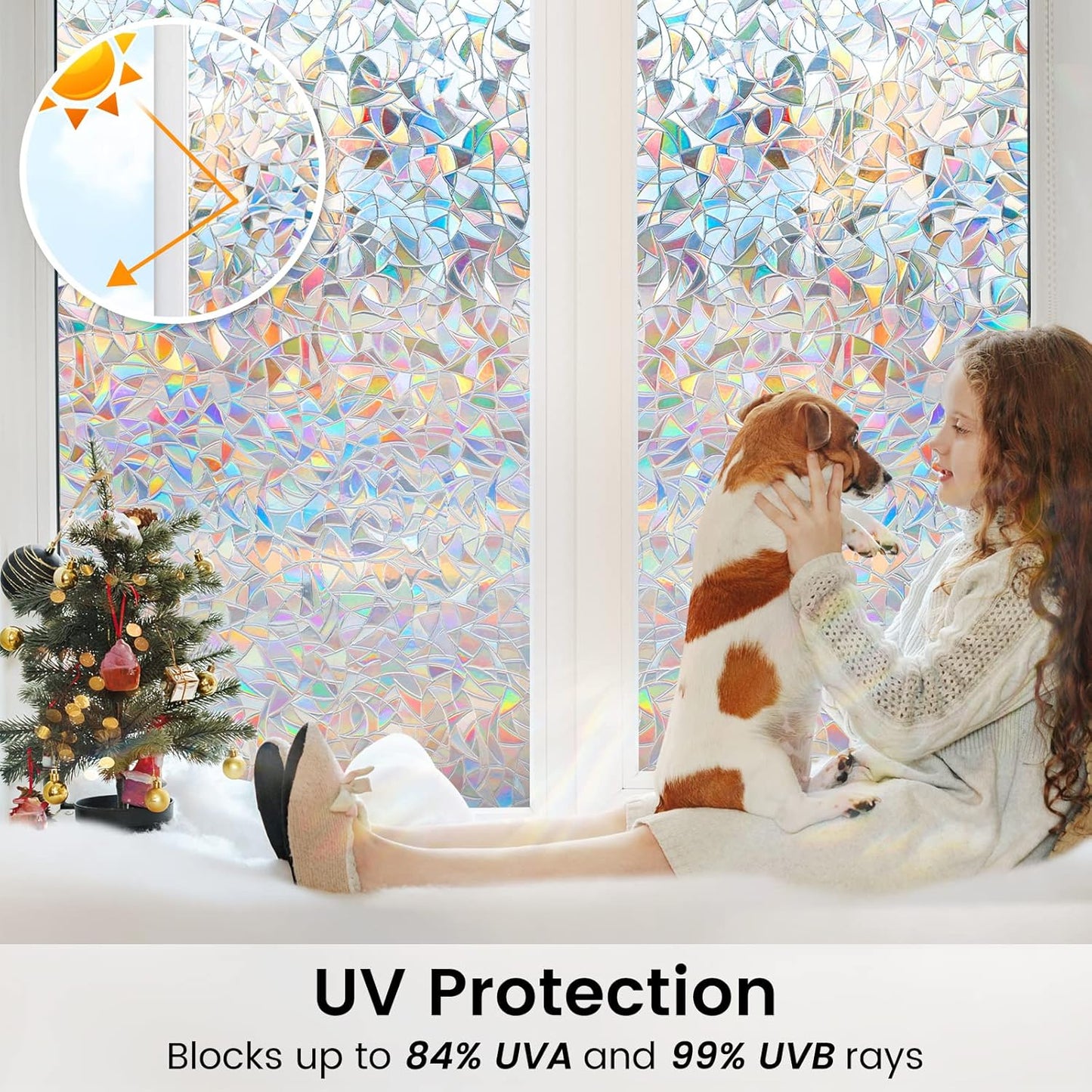 DOWELL Window Privacy Film, Rainbow Window Film, Decorative Stained Glass Clings, Static Cling Door Sticker, Non-Adhesive 3D Decals for Home UV Protection, 35.4 x 157.5 inches
