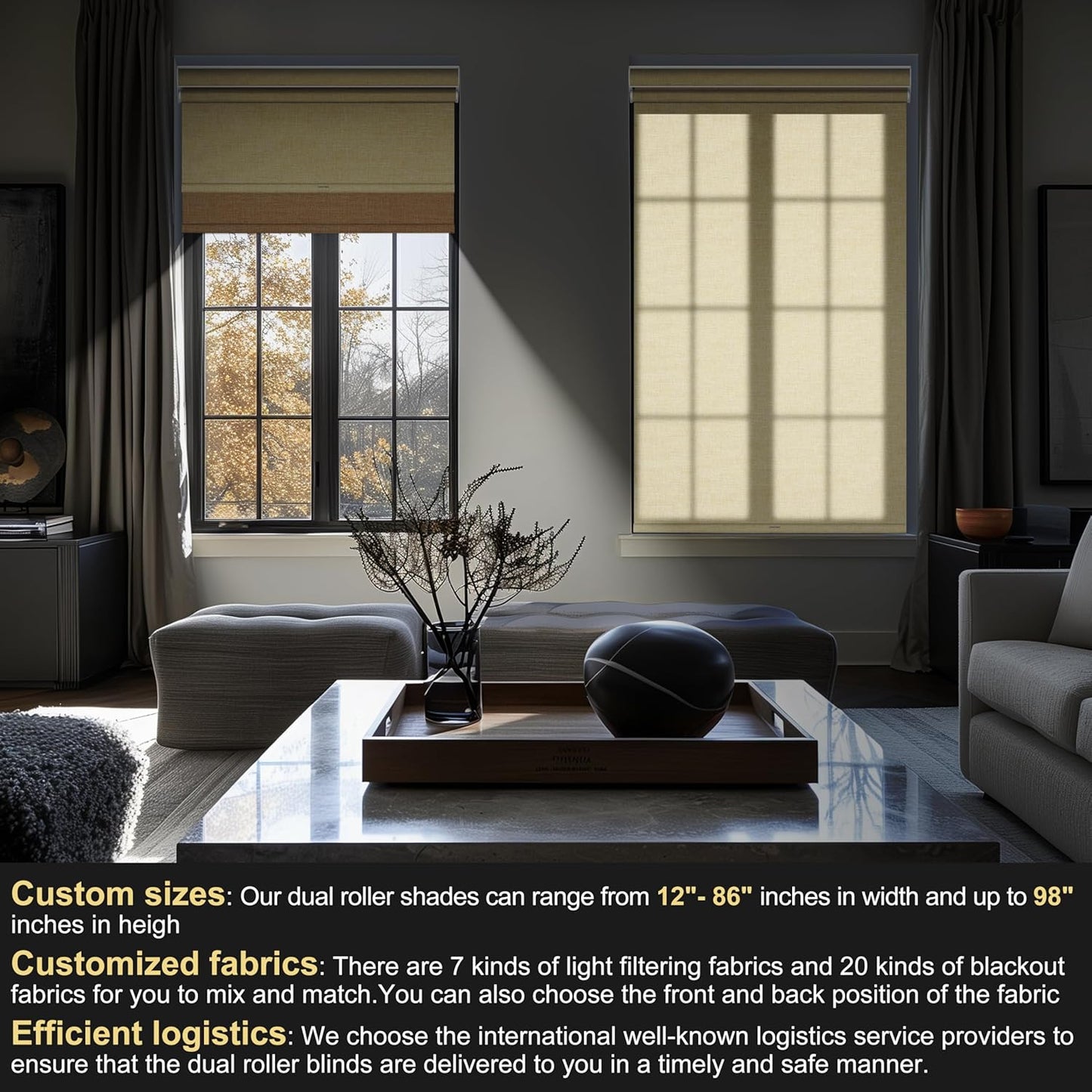 BERISSA Cordless Dual Roller Shades with Cassette Valance,Double Window Shades Blackout and Light Filtering Shades,Day and Night Roller Shades for Home Office Door.Linen Beige.66 W x 44" H