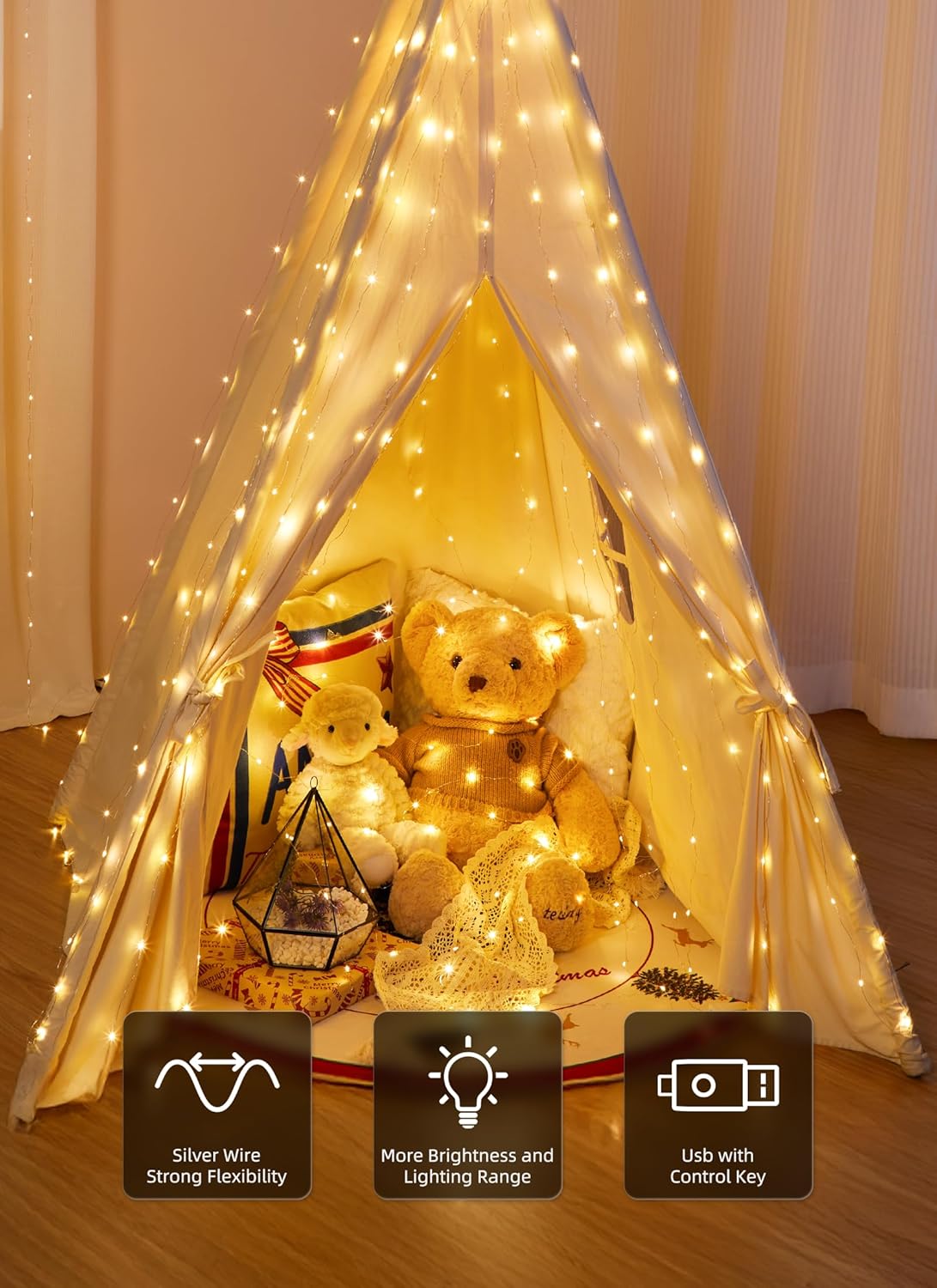 Brightown 2 Pack 300 LED Fairy Curtain Lights, 9.8ft x 9.8ft Warm White Curtain String Lights, USB Plug in 8 Lighting Modes LED Christmas String Hanging Lights with Remote for Bedroom Indoor Outdoor
