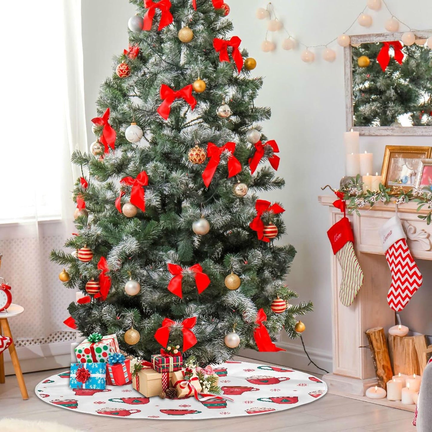 Christmas Hot Chocolate Coffee Tree Skirt, Seasonal Tree Mat Holiday Party Supplies Ornaments Indoor Outdoor Decorations for Tabletop Trees 47.2 Inches