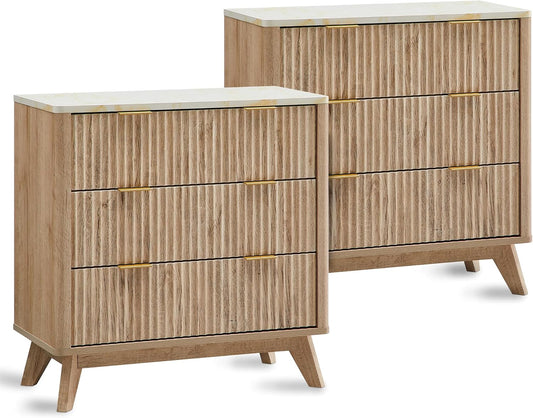 T4TREAM 32" Tall Fluted Nightstand Set of 2, Modern Side Table with Faux Marble Top, 3 Drawers End Table w/Storage, Bedside Table for Bedroom, Living Room, Curved Profile Design, Natural Oak