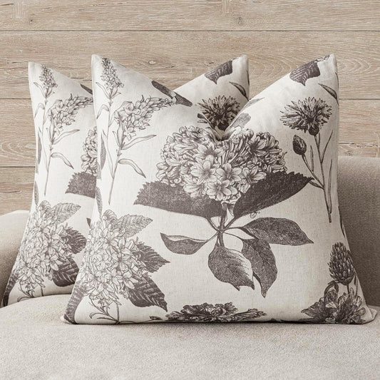 Foindtower Set of 2 Linen Floral Vintage Throw Pillow Covers Neutral Accent Decorative Cushion Covers Farmhouse Boho Home Decor for Sofa Chair Couch Bedroom Living Room Outdoor,18×18 Inch,Light Gray