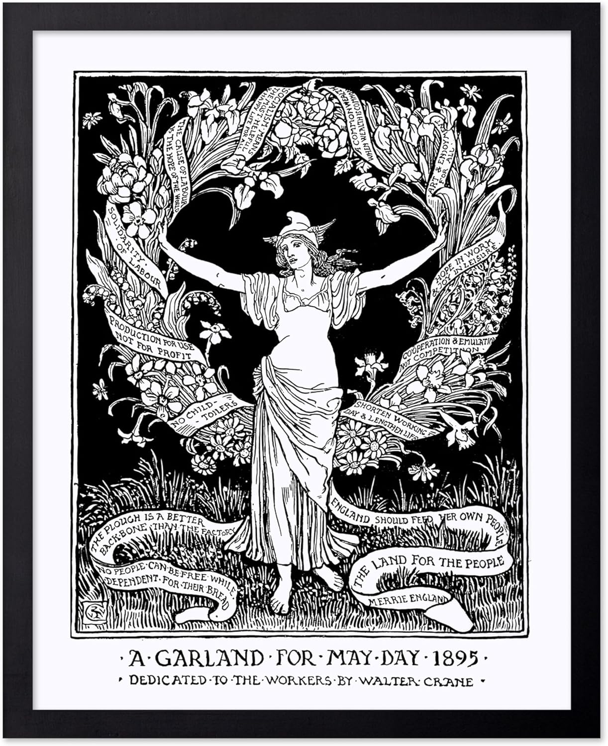 Poster Master Vintage Walter Crane Poster - Retro A Garland for May Day Print - Socialist Art - Gift for Him, Her, Men, Women - Wall Decor for Home, Office, Living Room, 16x20 Black Framed
