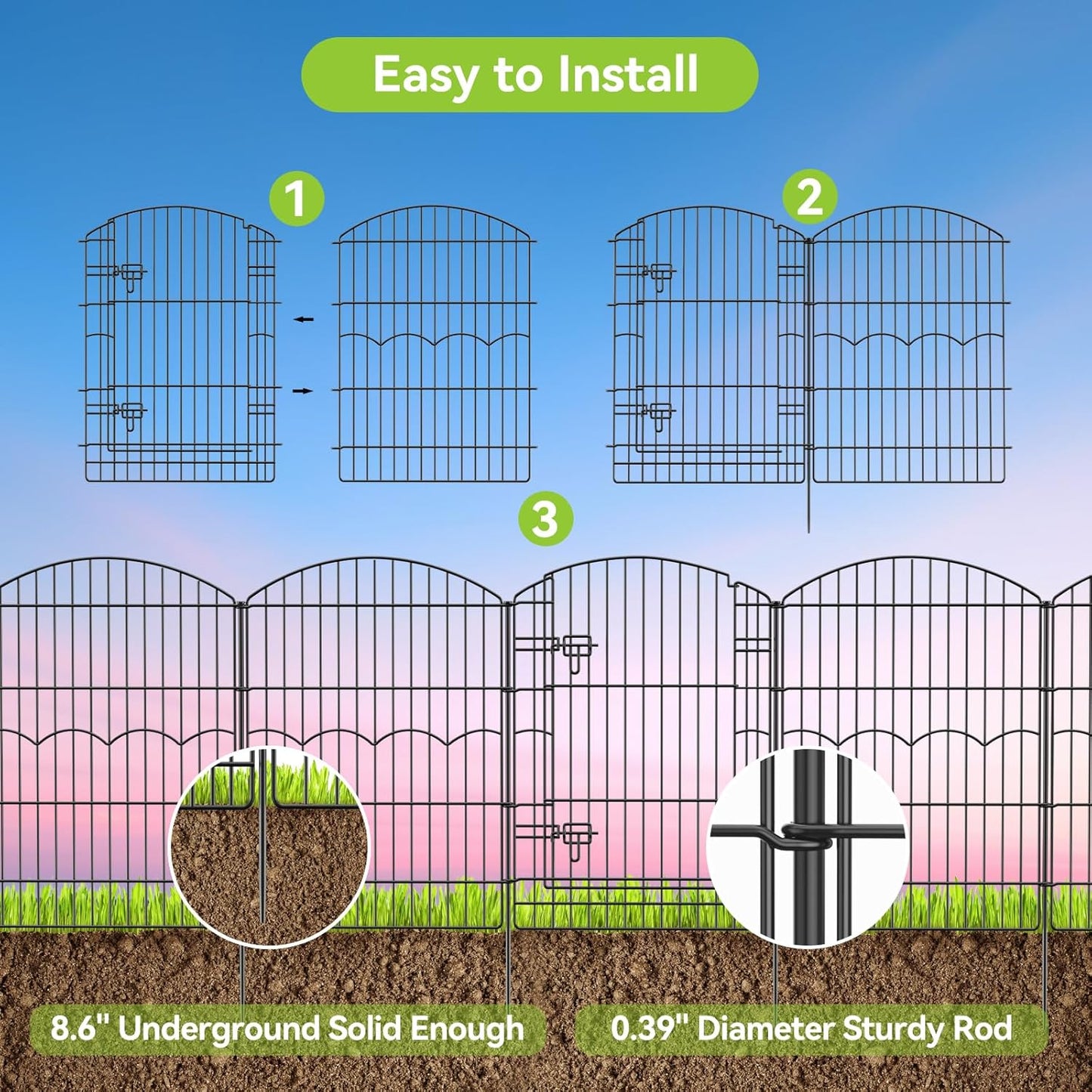 Decorative Garden Fence 6 Panels 14.8ft(L)×38in(H) No Dig Animal Barrier Fencing with 5 Panels + 1 Gate, Metal Garden Fences Rustproof Wire Border Temporary Dog Fence Outdoor for Patio Yard Lawn