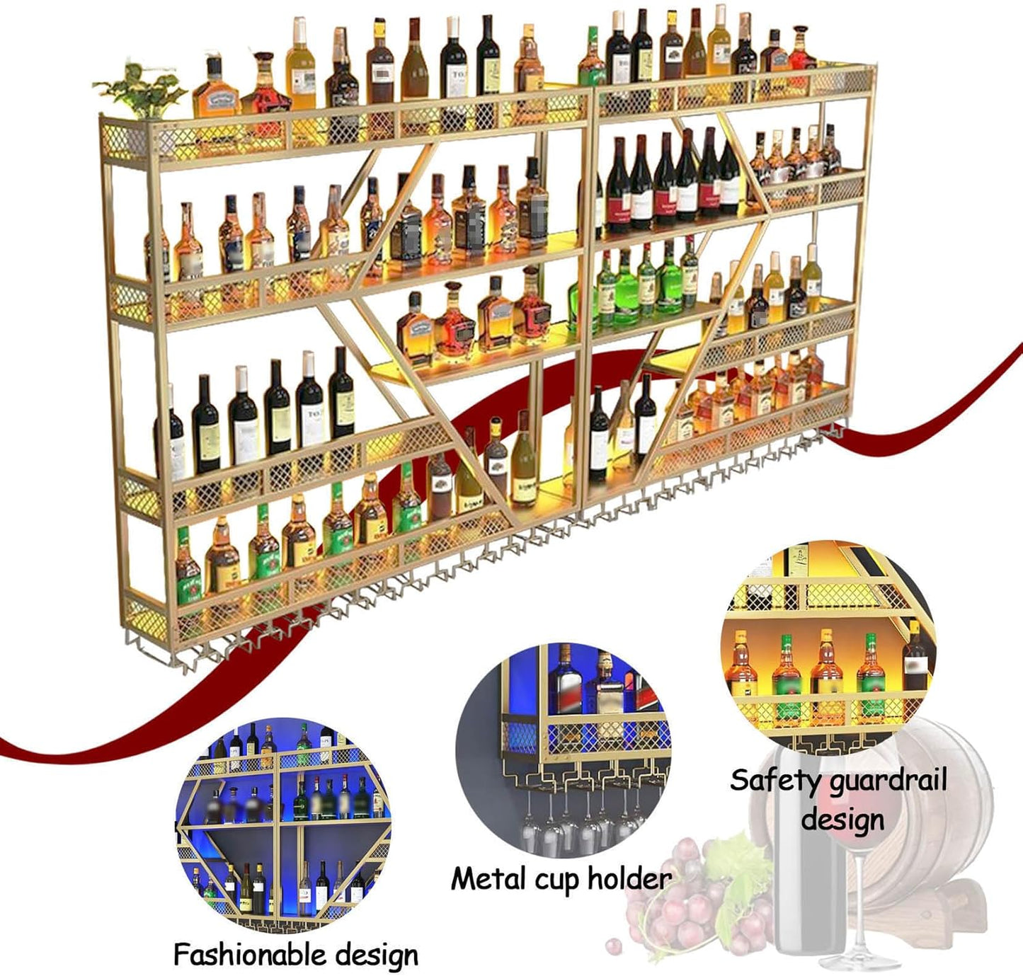 Wall Mounted Wine Rack with Glass Holder, 3-Tier Metal Storage Shelf, Black Diamond Design, Wine Bottle Display with Stemware Storage (Black, 47.24in/Left)