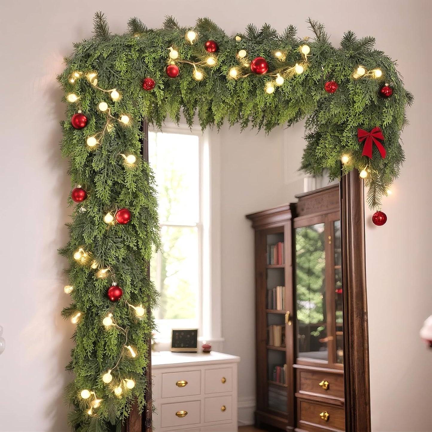 Real Touch Christmas Cedar Garland -6ft Artificial Garlands Faux Cedar Fake Pine Needles Garland for Fireplace,Table,Window,Stairs,Mante,Holiday Indoor Outdoor Xmas Decor(1PCS)