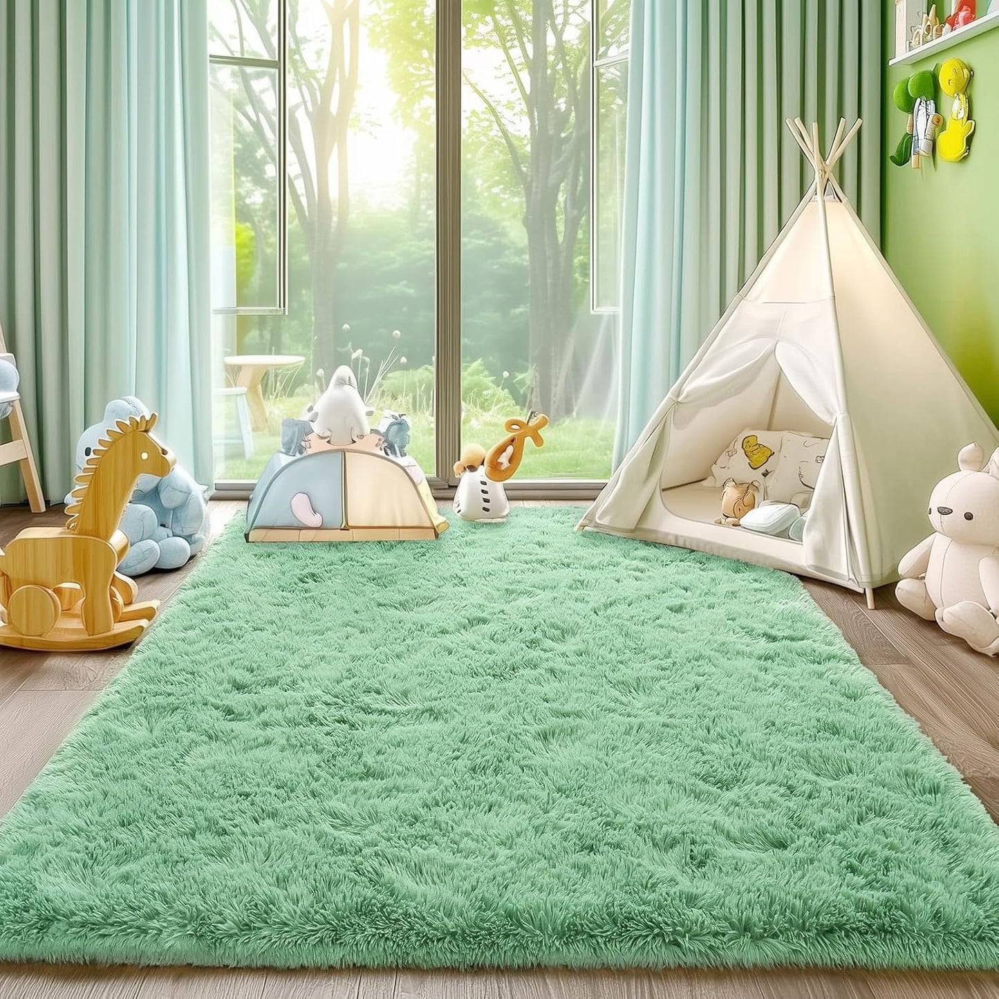 Extra Large Fluffy Area Rug for Bedroom Living Room, 9x12 Feet Sage Green Modern Indoor Carpets Room Colorful Rugs, Plush Indoor Nursery Classroom Home Decor Bedside Rug with Non-Slip Bottom