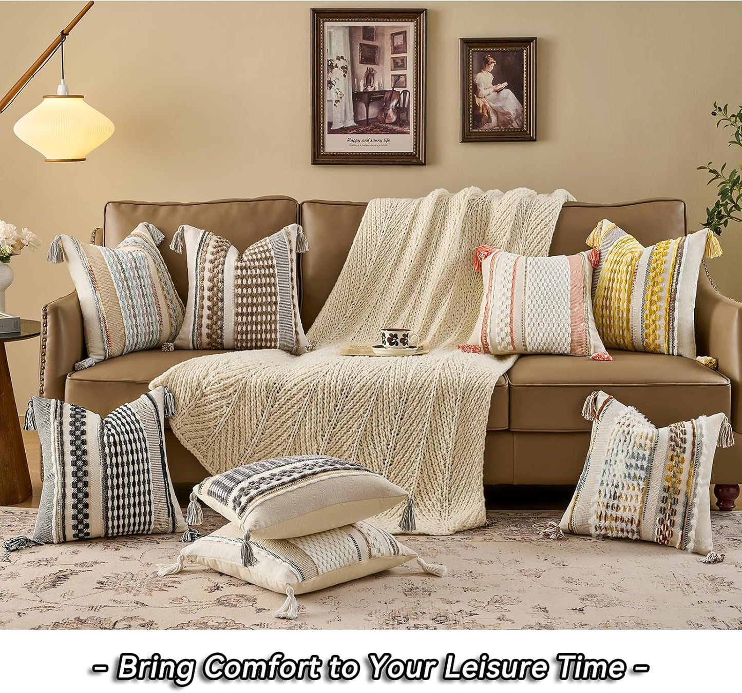 AmHoo Set of 2 Chenille Striped Textured Boho Throw Pillow Covers Aesthetic with Tassels Woven Decorative Pillow Case for Couch Bed Sofa Bedroom Modern Funky 18 x 18-Inch White Multicolor