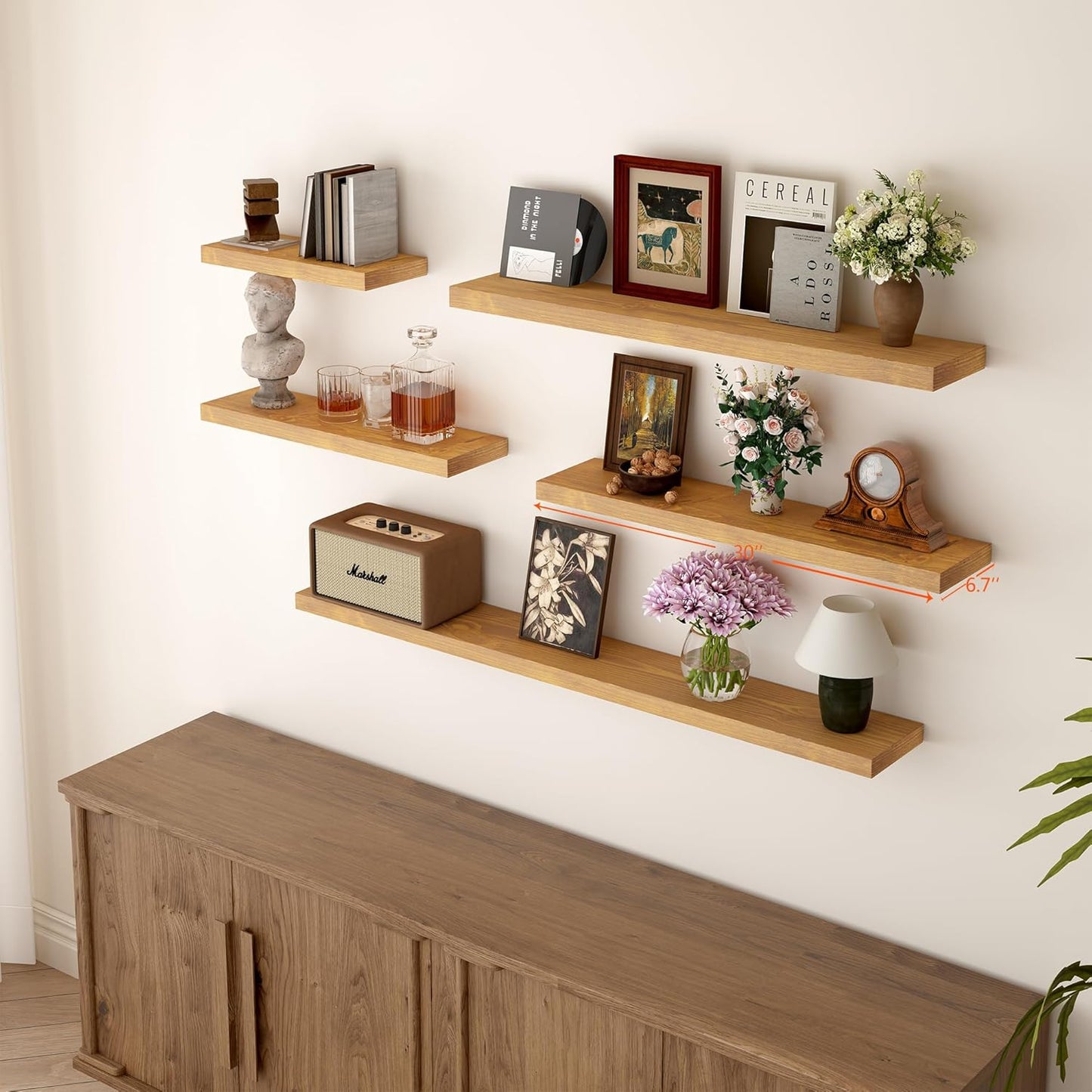 BGMG Wood Floating Shelves for Wall 30 inch Set of 2, Rustic Wooden Wall Mount Shelves for Living Room Bedroom Kitchen Farmhouse -30x6.7x1.25 inch- Gold Oak