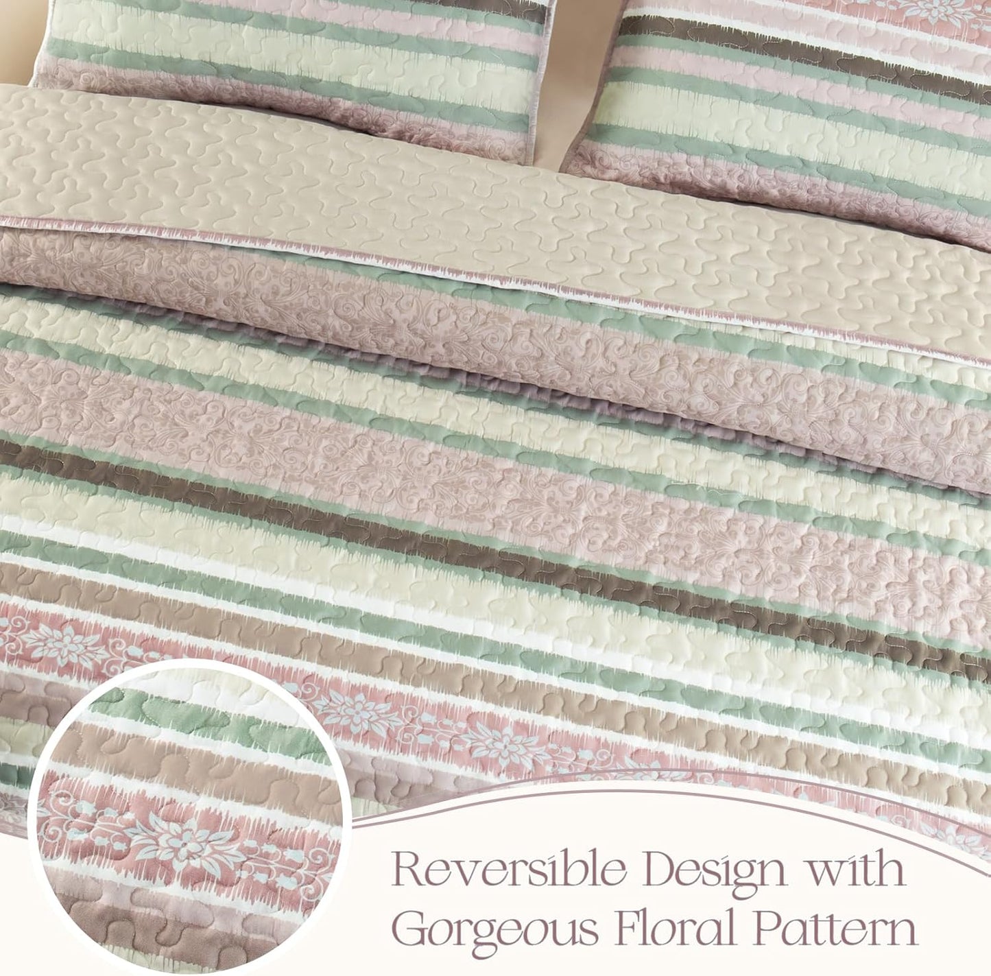 Exclusivo Mezcla Reversible Boho Quilt Set King Size, 3 Pieces Bohemian Pink All Season Bedspreads, Ultra Soft Floral Coverlet Bedding Set with Printed Pattern (1 Quilt, 2 Pillow Shams)