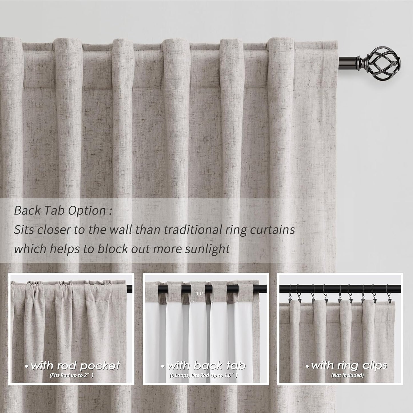 Linen Blackout Curtains for Bedroom 72 Inch Length 2 Panels Set Room Darkening Curtains Brownish Grey Black Out Curtain Neutral Thermal Insulated Living Room Winter Window Drapes Back Tab 52x72