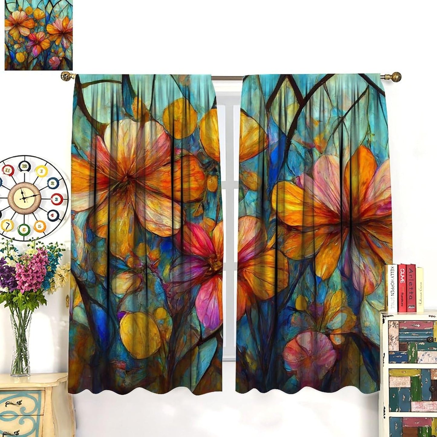 Stained Glass Curtains,Magic Forest Colorful Flowers Abstract Art Home Decor Drapes for Bedroom Living Room Kitchen Window Treatment 2 Panels Set Total Size 42" W X 54" L Inch