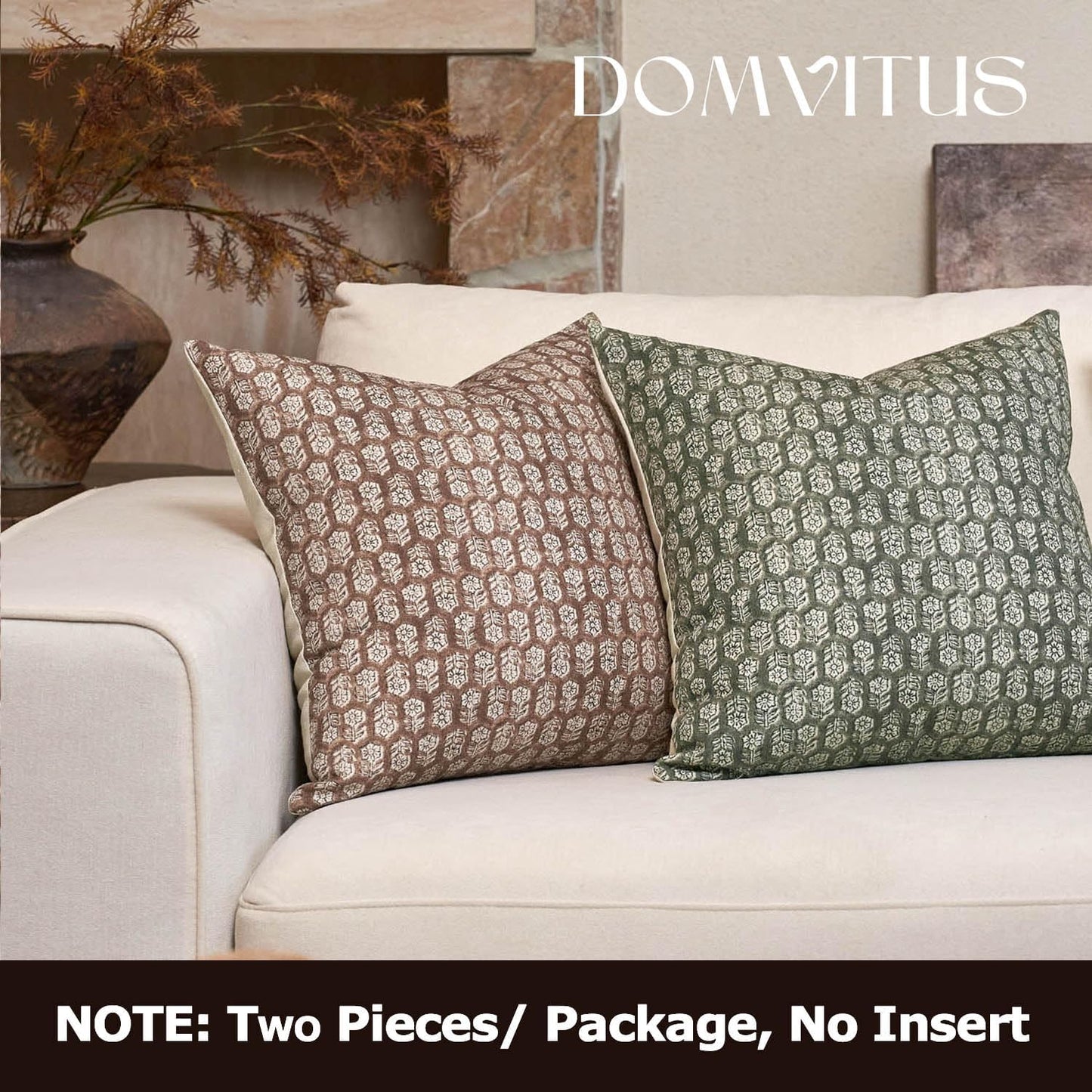 DOMVITUS Floral Pillow Covers Set of 2, 24x24 Pillow Covers, Floral Print Neutral Accent Decorative Pillow Covers for Living Room, Bed, Mineral Green