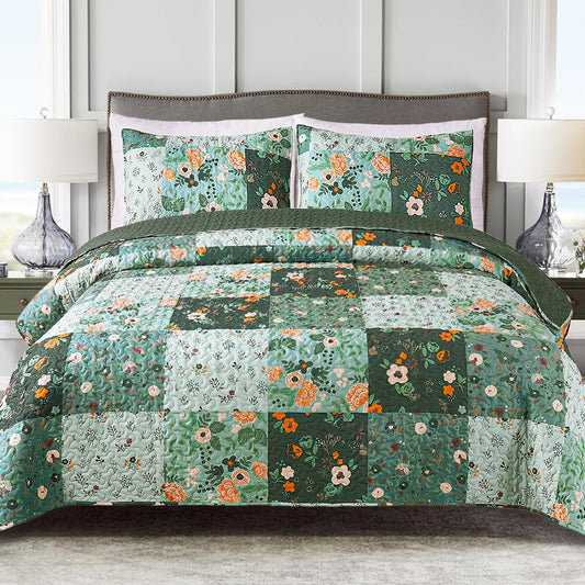 Exclusivo Mezcla Reversible Boho Quilt Set Queen Size, 3 Pieces Patchwork Green All Season Bedspreads, Ultra Soft Floral Coverlet Bedding Set with Printed Pattern (1 Quilt, 2 Pillow Shams)