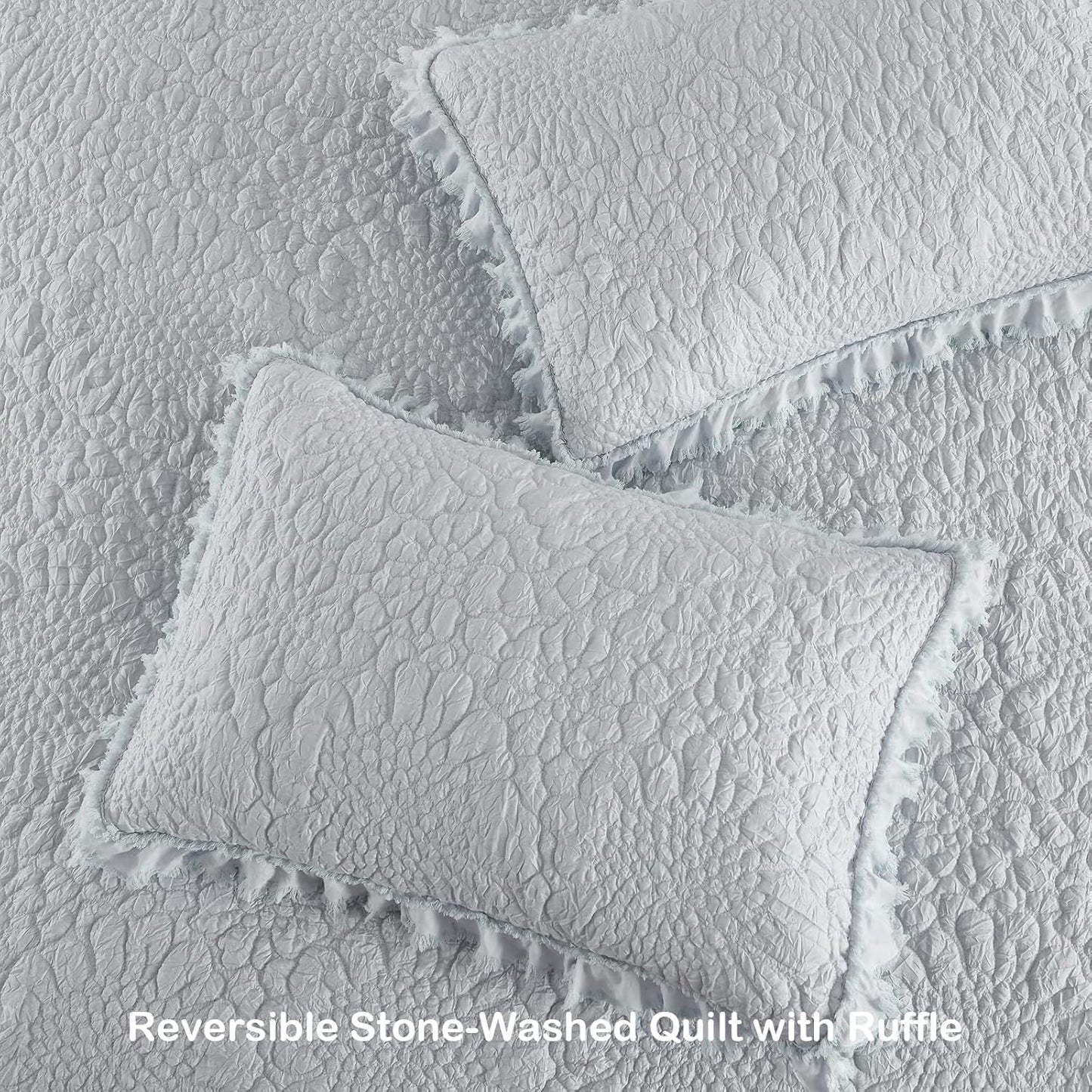 Light Blue Ruffled Quilt King Size, Stone-Washed Microfiber Lightweight Crinkled Farmhouse Rustic Shabby Chic Bedding Set, 3 Pieces Reversible Bedspread Coverlet with Pillow Shams for All Season