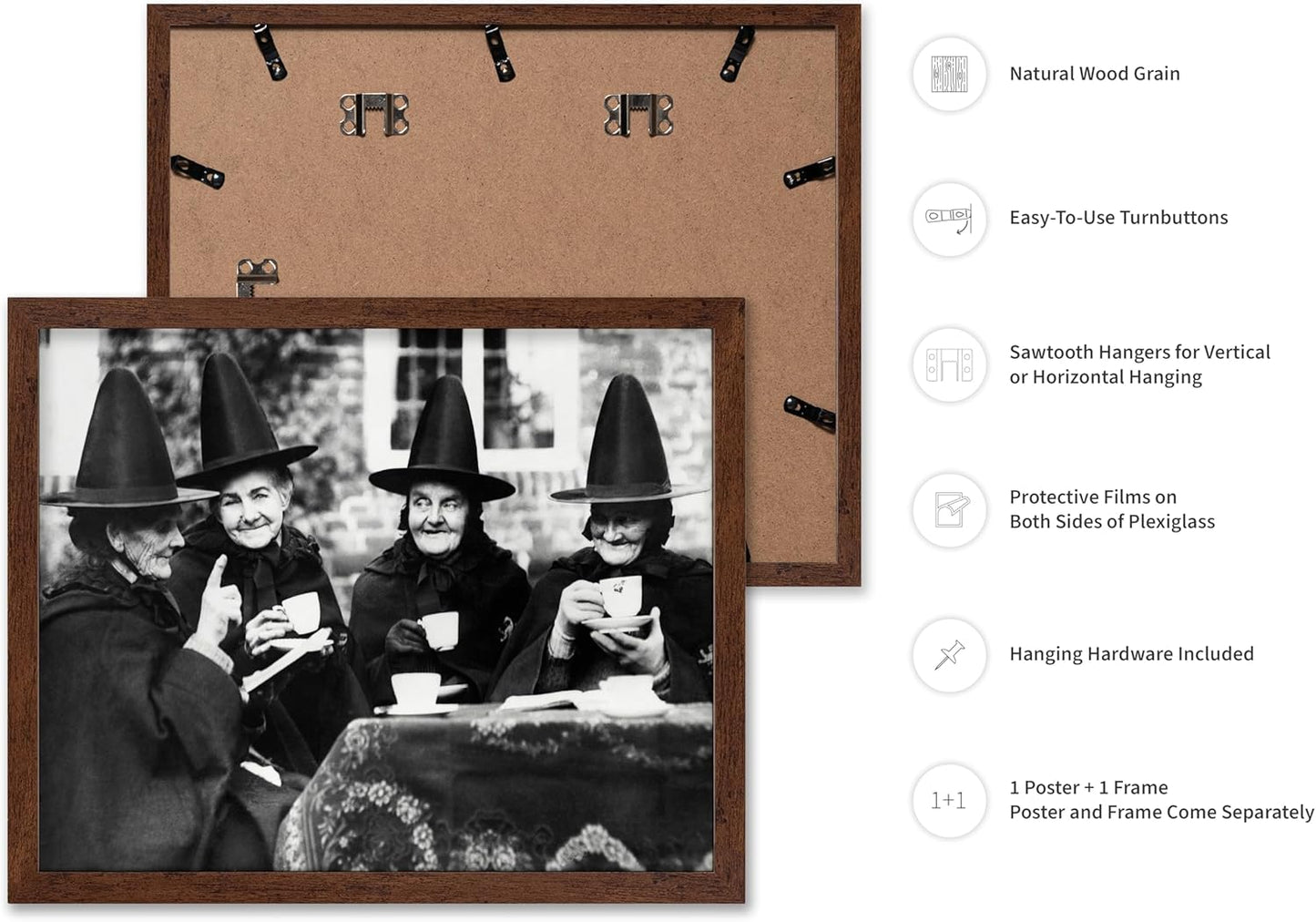 Poster Master Classic Photograph Poster - Vintage Halloween Print - Gift for Artist, Friend - Witches Tea Party, Old Women Smiling, Wearing Robes - Wall Decor for Living Room, 16x20 Brown Framed