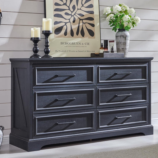 Farmhouse 6 Drawer Dresser for Bedroom, 52 Inch Wide Modern Dresser TV Stand with Large Drawers & Bar Handles, Rustic Wood Chest of Drawers for Bedroom, Living Room, Hallway, Black
