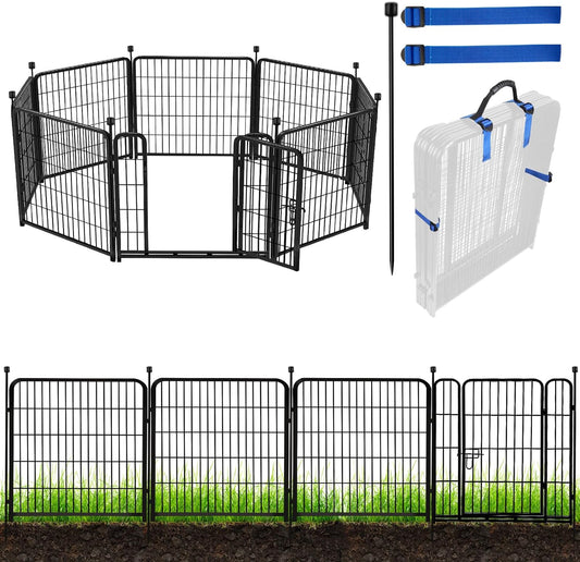 ADAVIN Tall Garden Fence with Gate, 40 in(H) 8 Panels Animal Barrier Fence, Heavy Duty Iron Metal Fence and Border, Indoor or Outdoor Dog Playpen, Flower Bed Fencing, Total 17.7 FT(L),Black
