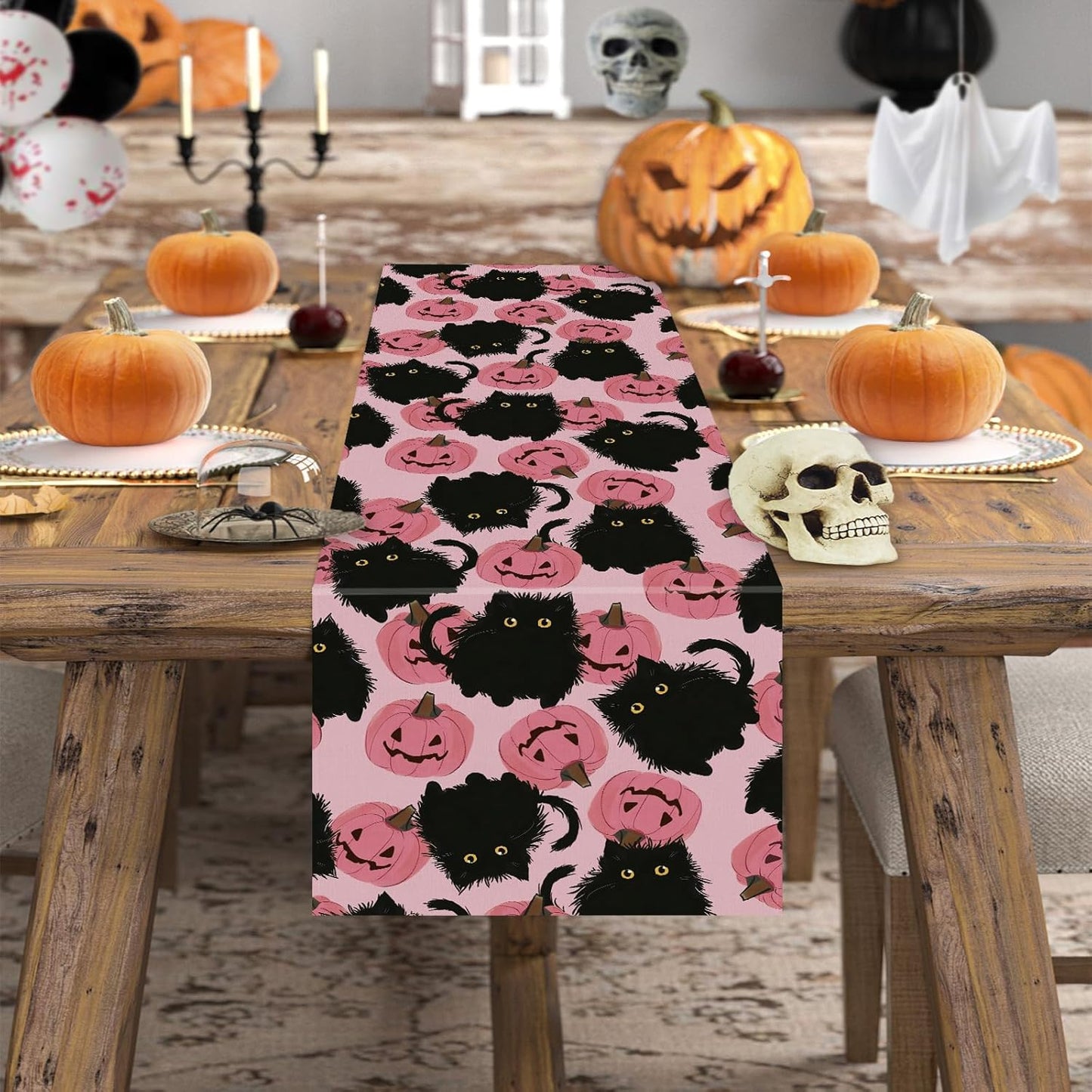 Halloween Table Runner Pink Halloween Decor Black Cat Pumpkins Seasonal Kitchen Dining Table Home Party Decorations 13x72 Inch