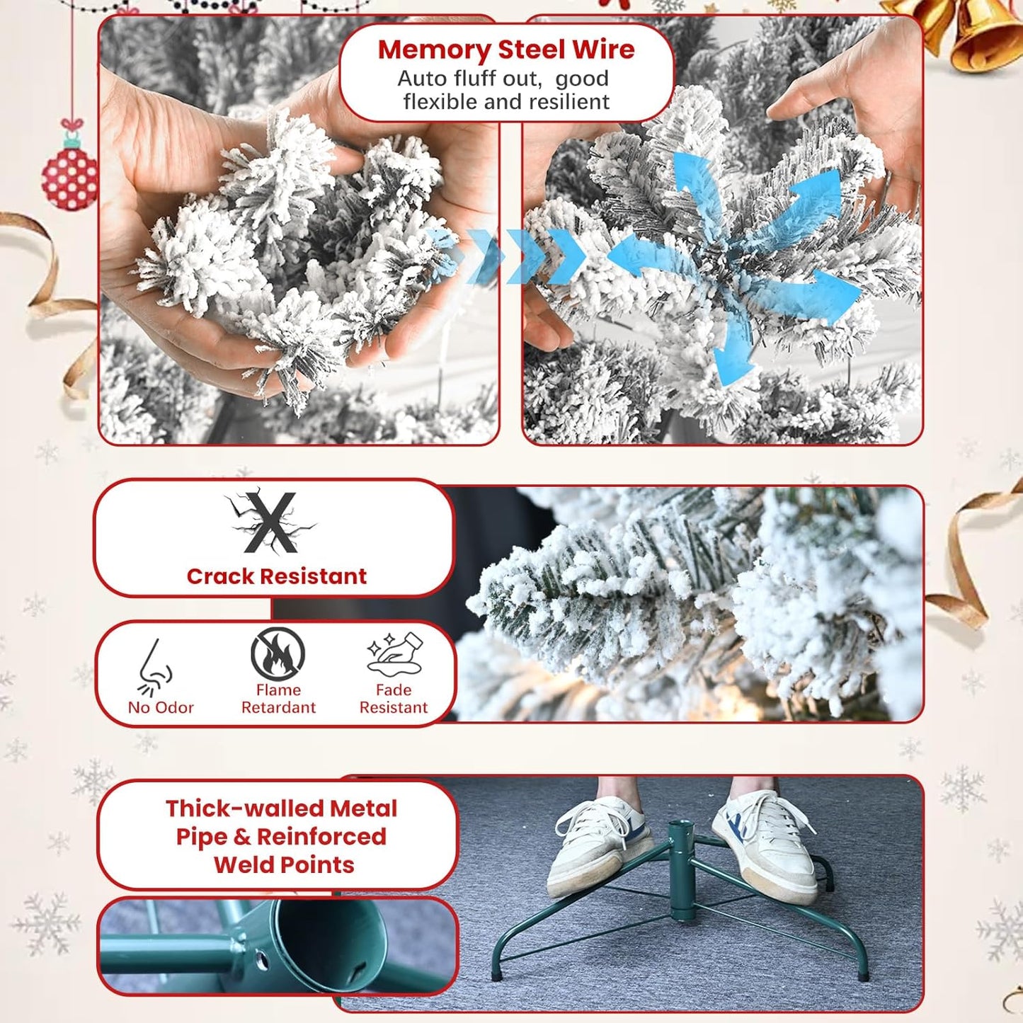 5ft Pre-lit Flocked Christmas Tree, Artificial Christmas Tree with Lights, Snow Frosted Christmas Trees Pre-lit with Pine Cones & 300 UL Lights, 600 Tips, Hinged Easy Setup Xmas Tree