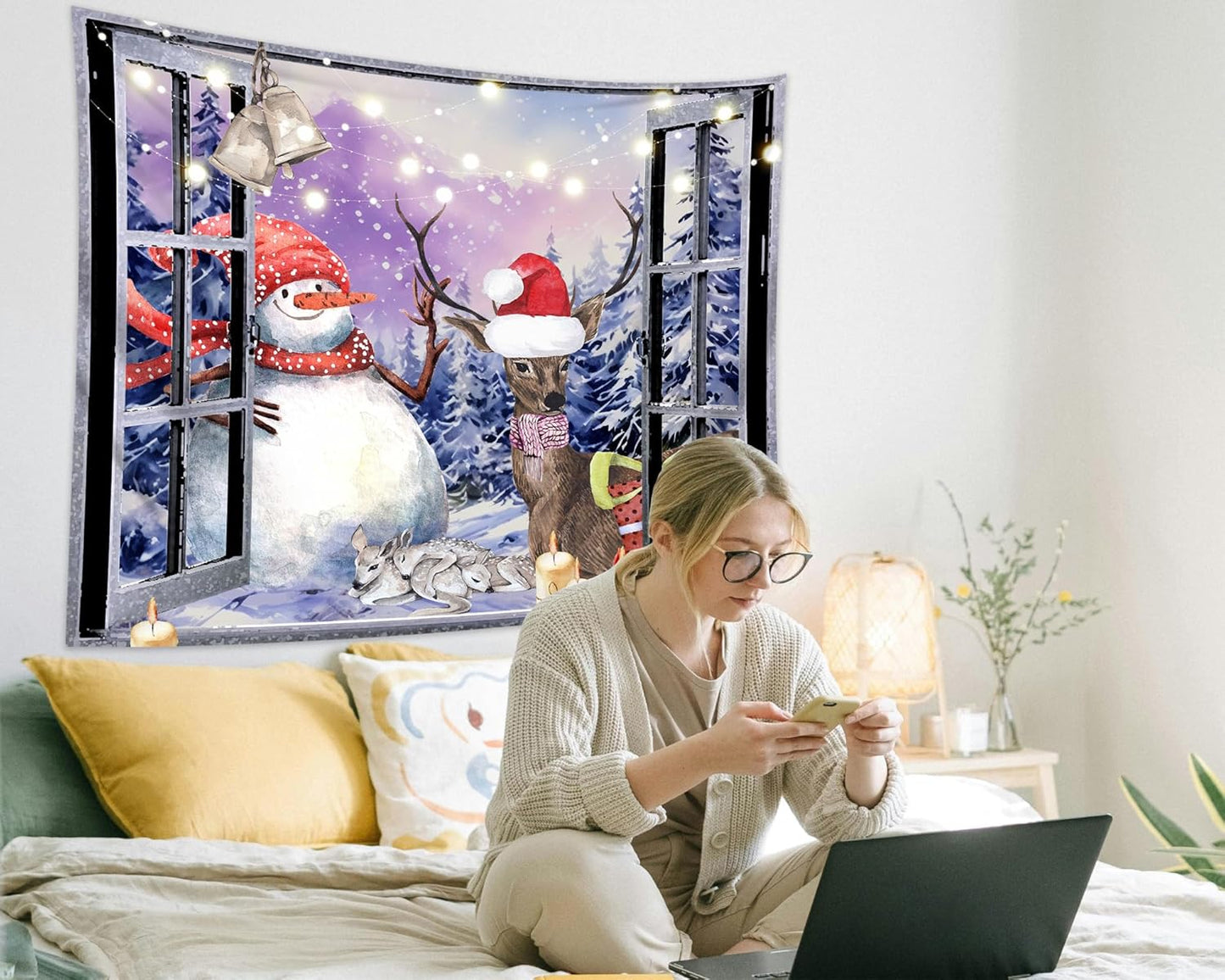 QGHOT Christmas Window Tapestry Wall Hanging Christmas Backdrop Winter Window Wall Decor Xmas Snowman Deer Tapestries for Bedroom Living Room Dorm Holiday Party Decoration, Extra Large