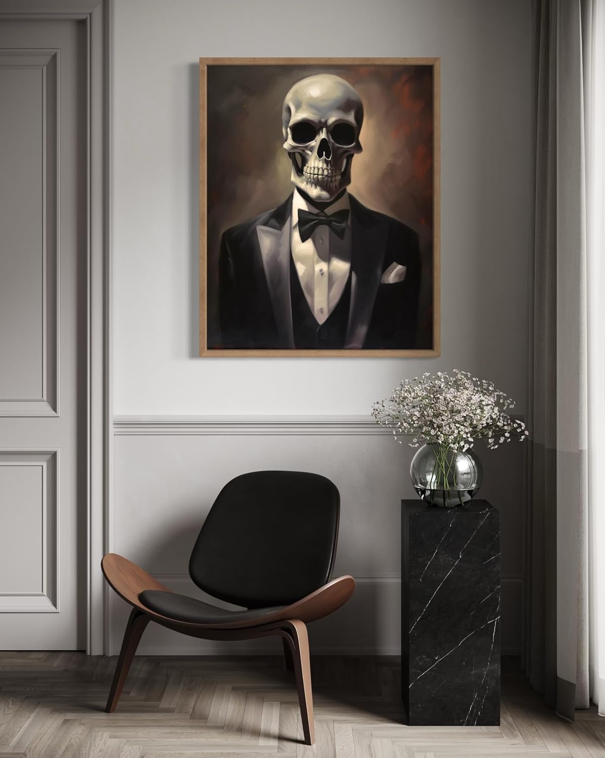 Skull Portrait Poster Art Print, Halloween Scary Vintage Wall Art Academia Spooky Painting Decoration for Horror Prints, Gothic Posters Bedroom Decor 89 (Skull Portrait, 11 x 14 inches, Wood Frame)
