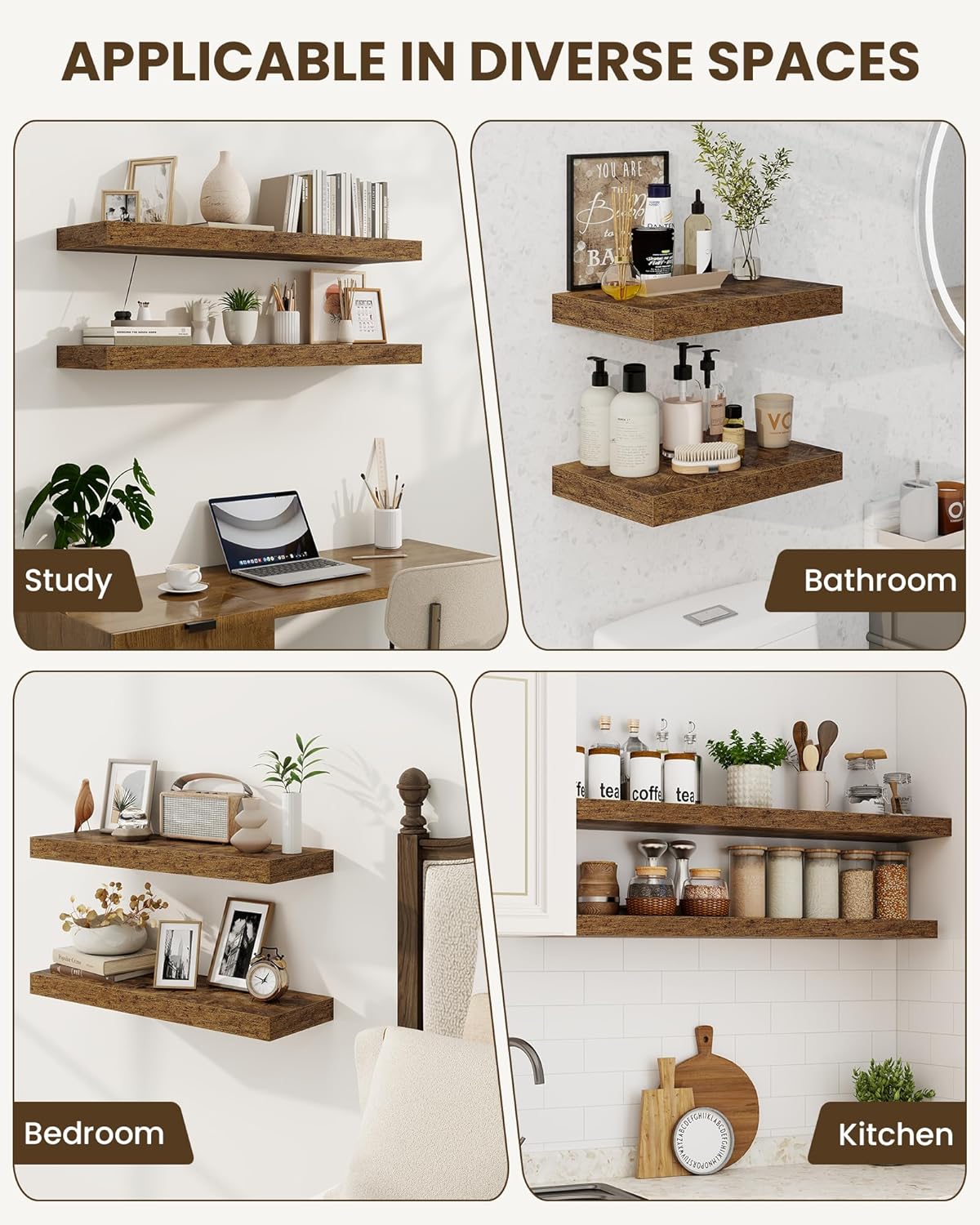 Marsmiles 31.5" Floating Shelves for Wall, Wooden Shelves with Invisible Brackets Set of 2, Rustic Farmhouse Wall Mounted Shelf for Kitchen Bathroom Living Room Study, Rustic Brown