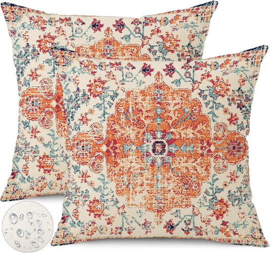 Outdoor Waterproof Pillow Covers - 20x20 Inch Set of 2 Bohemian Vintage Carpet Pattern Pillow Covers in Orange and Blue Ethnic Design for Decorative Farmhouse, Couch, Garden, Balcony