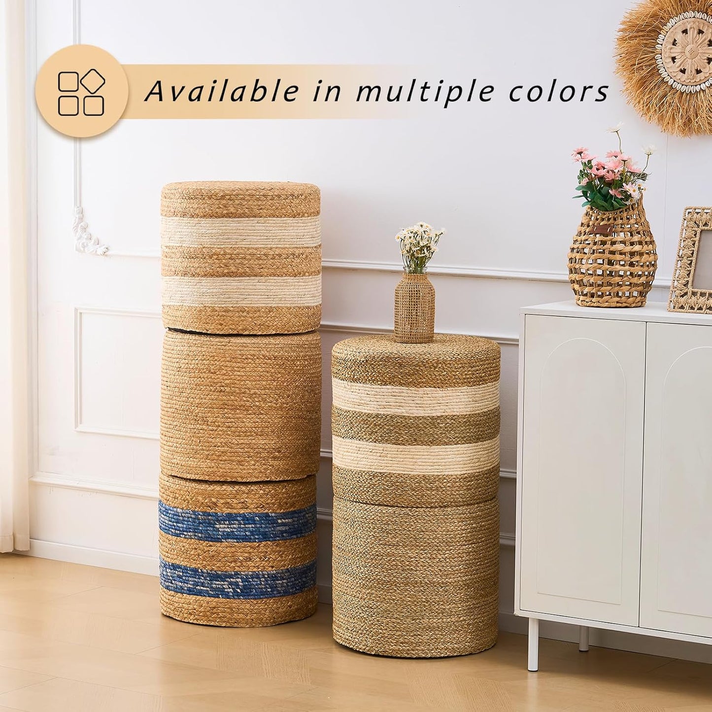 Handwoven Ottoman Pouf, Natural Water Hyacinth Footstool, Round Braided Outdoor Seat with Sturdy Frame, Boho Accent Stool for Patio, Balcony, or Garden (White)