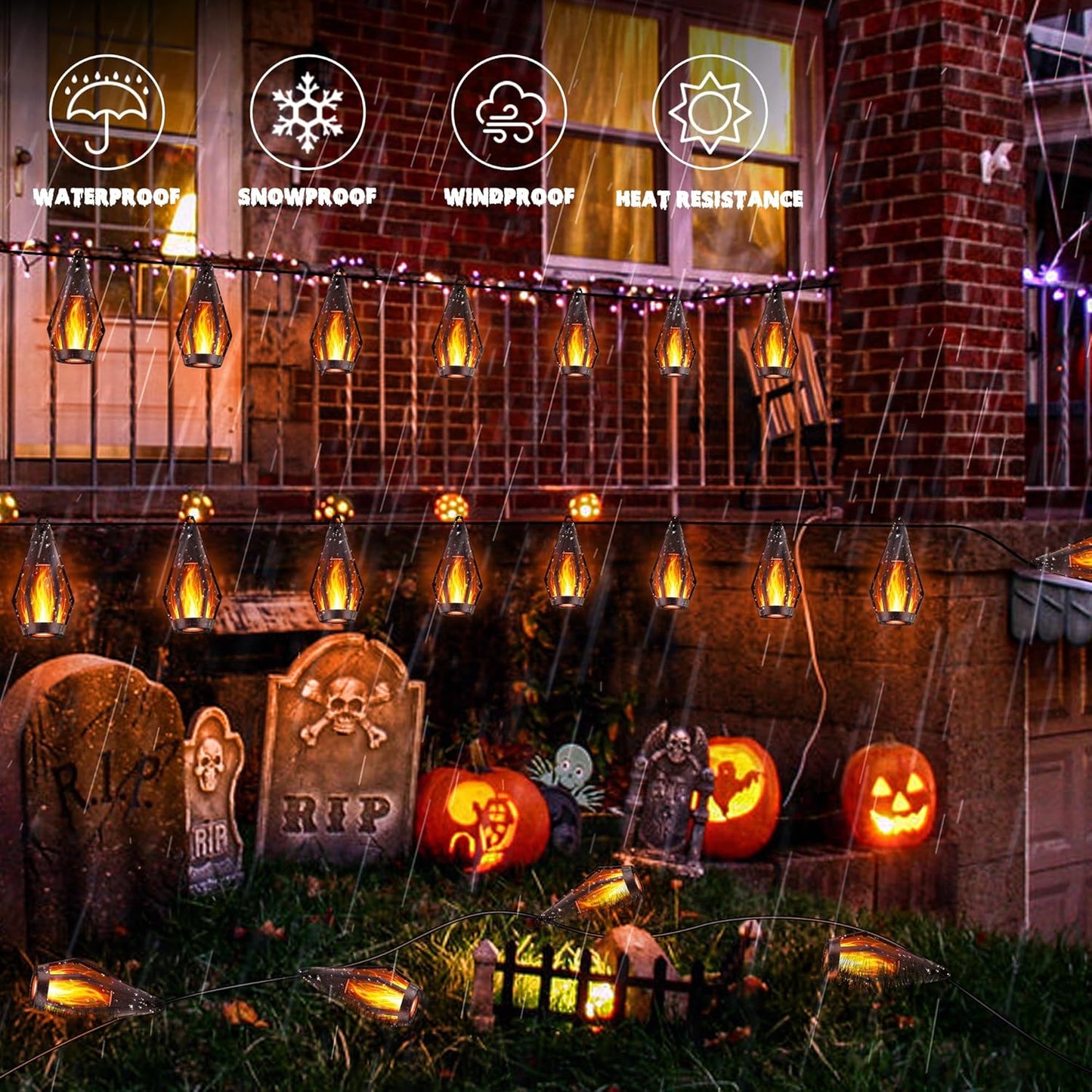 iBaycon Solar Halloween Lights, 42Ft 15 LED Bulbs Flickering Flame String Light, Outdoor Waterproof Solar Flame Lights for Garden Yard Patio Halloween Decorations (Warm White)