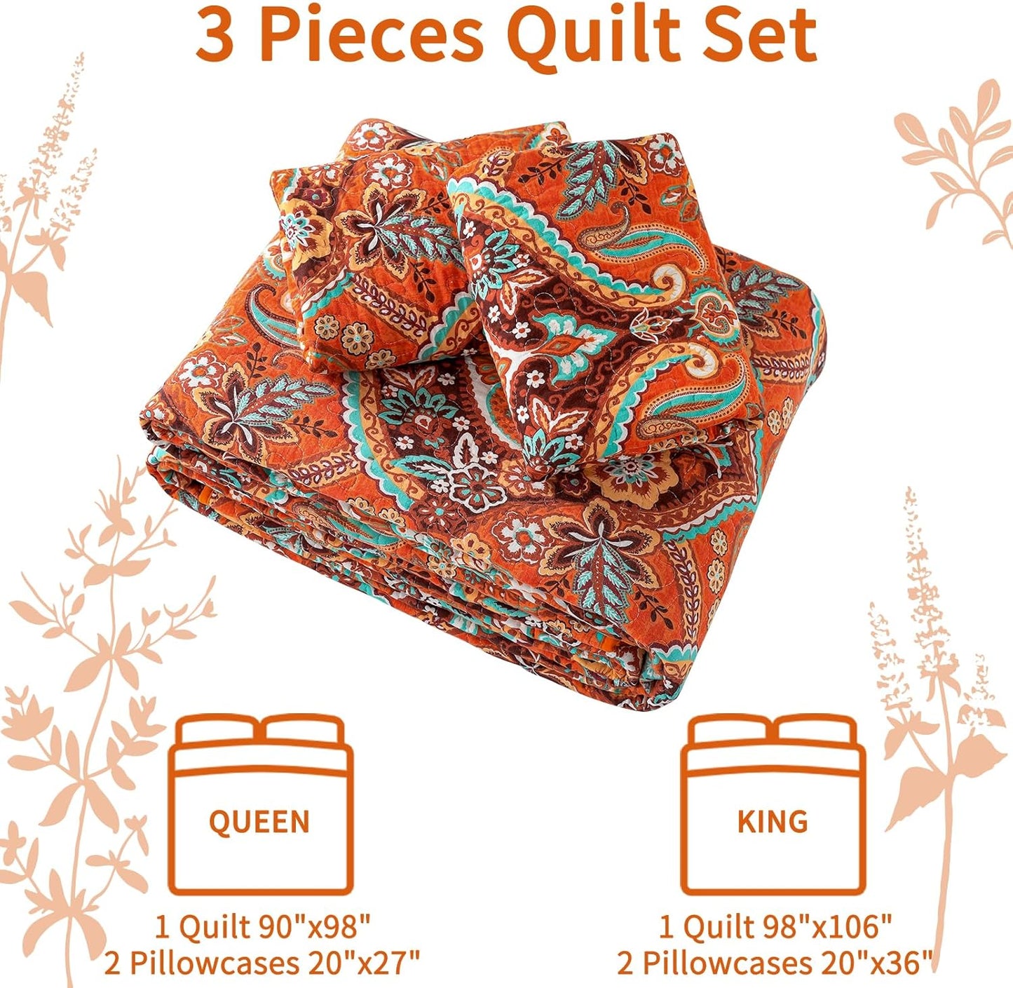 VAPUTAR Cotton Quilts Queen Size, Queen Quilt Bedding Set with Bohemian Damask Pattern-3 Pieces Lightweight Soft Bedspread Queen Size Coverlet (90 * 98 in) Suitable for All Season (Light Orange)