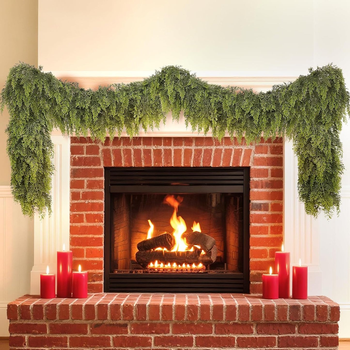 9FT Real Touch Cedar Garland for Fireplace - Artificial Christmas Garlands Realistic Faux Greenery Fake Pine Needles Garland for Holiday,Table, Window,Mantel,Stairs, Home,Indoor Outdoor Decor (1PCS)