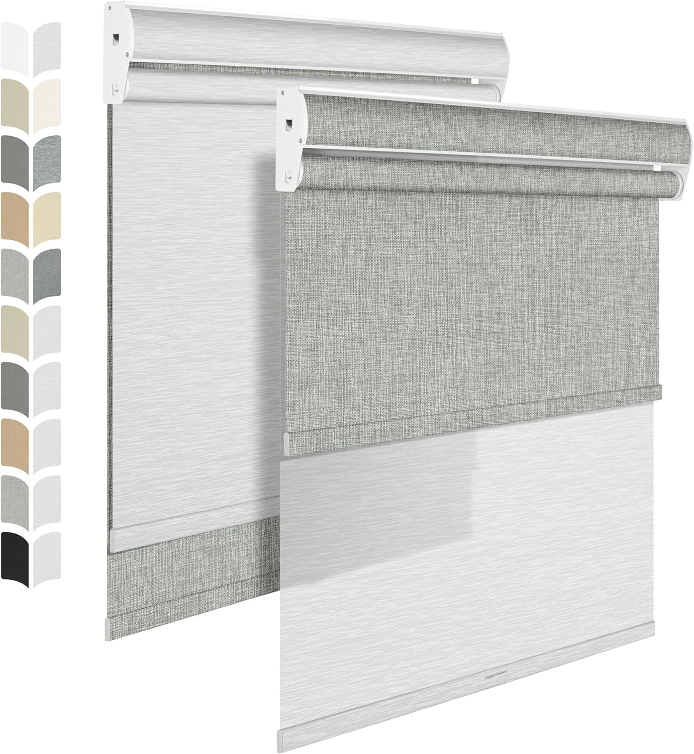 BERISSA Cordless Dual Roller Shades with Cassette Valance,Double Window Shades Blackout and Light Filtering Shades,Day and Night Roller Shades for Home Office Door.Linen Grey and White.64 W x 64" H