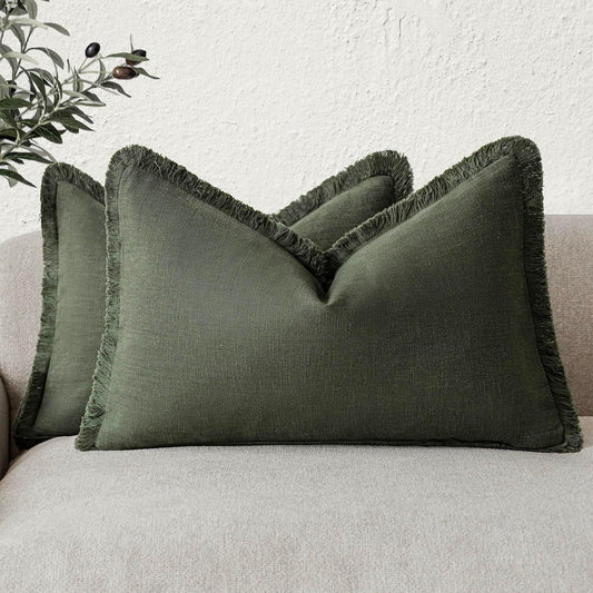 Foindtower Set of 2 Decorative Linen Fringe Lumbar Throw Pillow Covers Boho Farmhouse Cushion Cover with Tassels Accent Pillowcase for Couch Sofa Bed Living Room Home Decor,12×20 Inch,Dark Olive Green