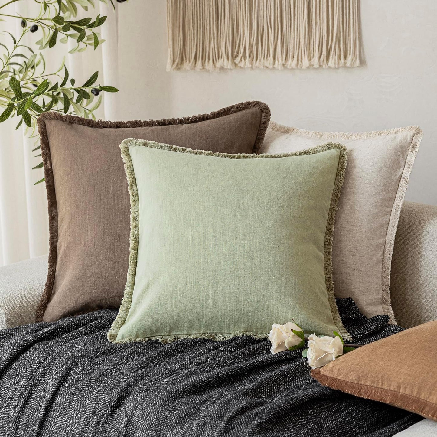 Foindtower Set of 2 Decorative Linen Fringe Throw Pillow Covers Boho Farmhouse Cushion Cover with Tassels Soft Accent Pillowcase for Couch Sofa Bed Living Room Home Decor,22×22 Inch,Light Sage Green