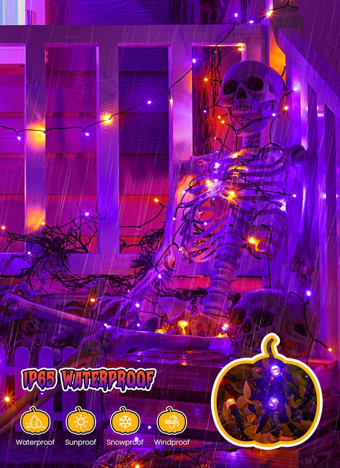 Brightown 2 Pack Halloween Solar String Lights Outdoor, Total 144Ft 400 LED Solar Lights Outdoor Waterproof with 8 Modes for Patio Tree Garden Party Decorations (Orange&Purple)