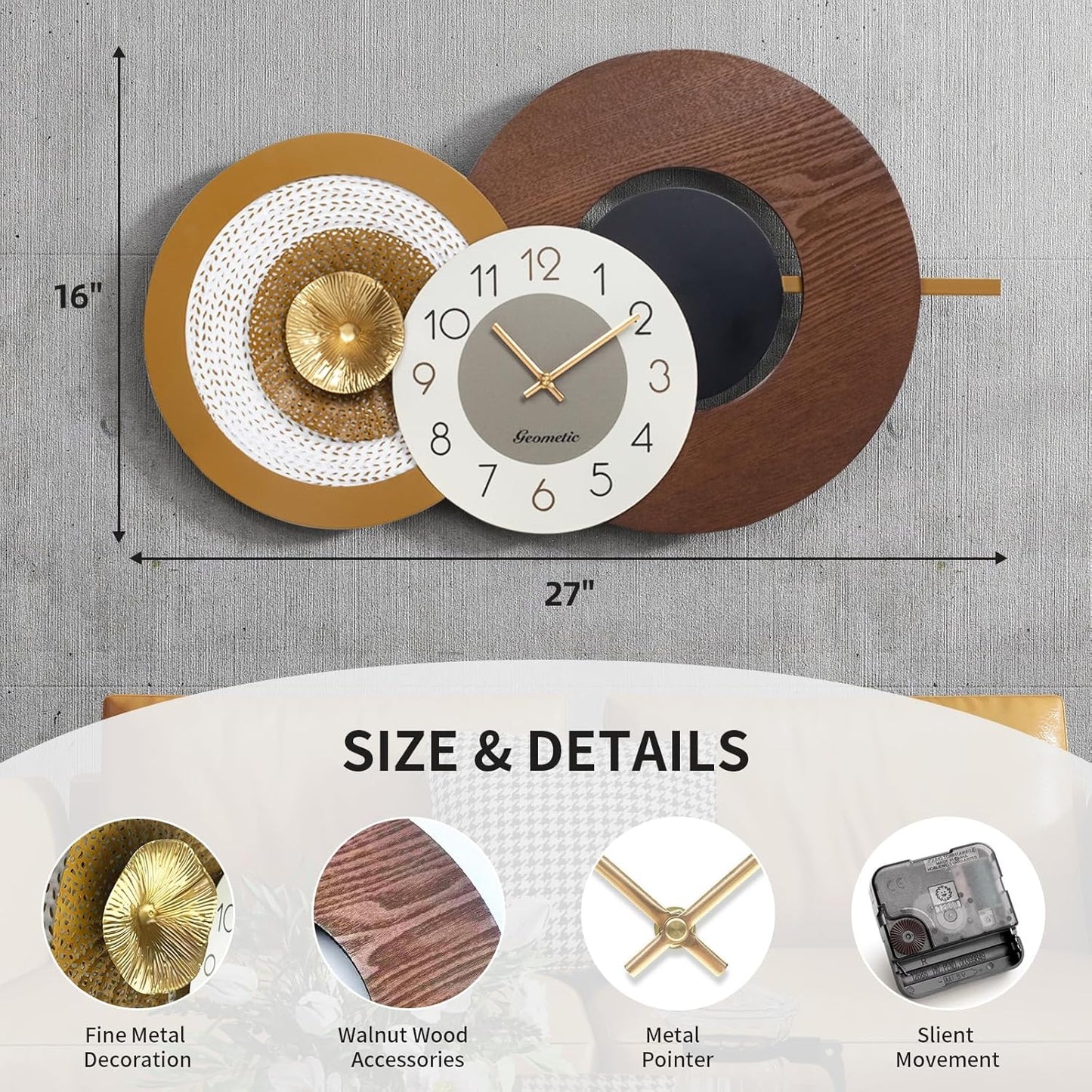 Large Mid Century Wall Clock for Living Room Modern Big Wall Clocks Wood with Metal Battery Operated Wall Clocks Light Luxury Time Clocks Suitable for Home,Bed Room,Kitchen,Office 27X16inch