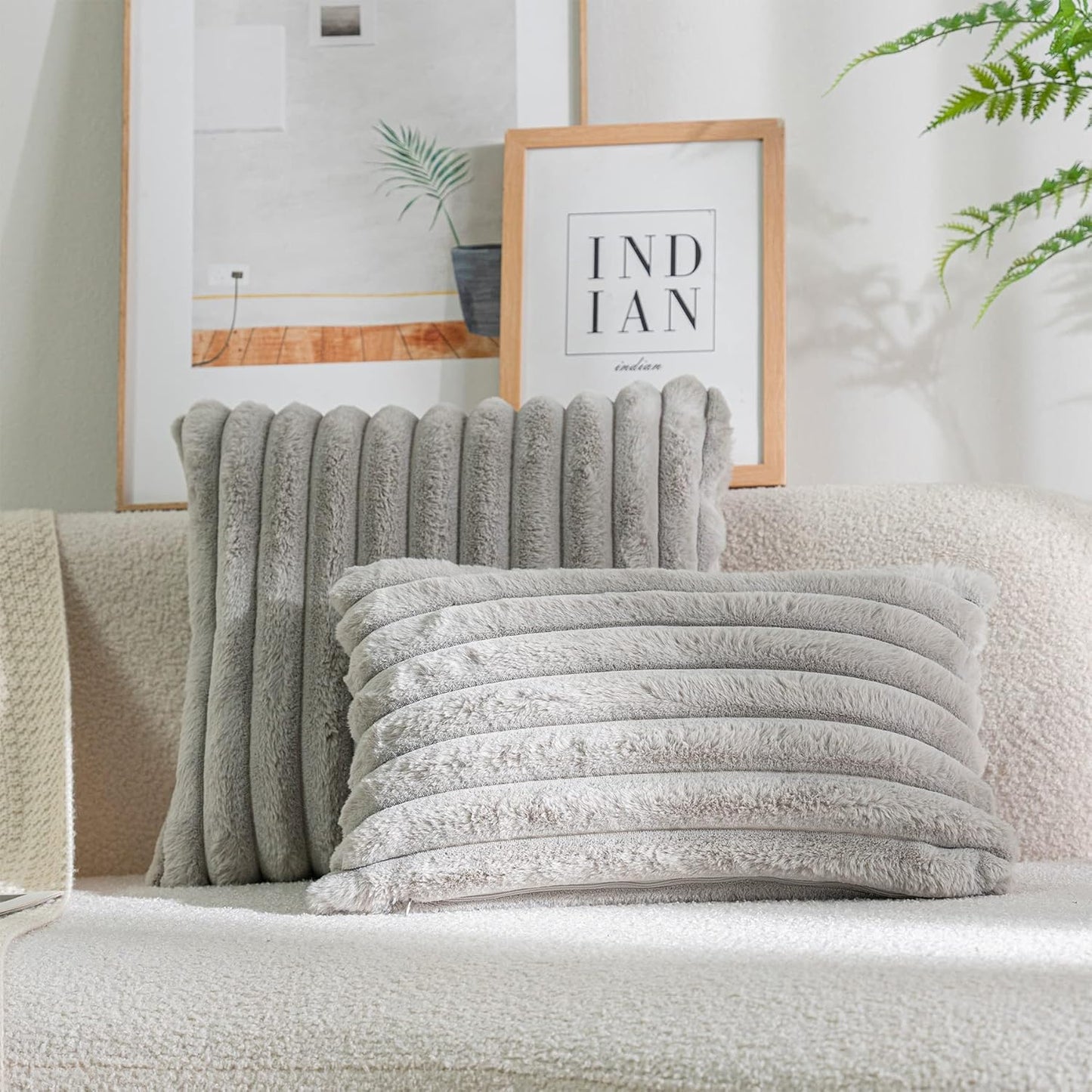 DEELAND Pack of 2,Double-Sided Faux Fur Plush Decorative Throw Pillow Covers Fuzzy Striped Soft Pillowcase Cushion Covers for Sofa Couch Bedroom Lightgrey 20x20 inch