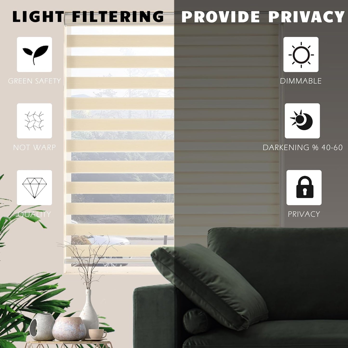 Zebra Blinds Window Blind Zebra Shade Blinds for Windows Roller Sheer Shades Privacy Light Filtering Shades for Home Kitchen Bathroom (Width 52'' X Height 72'' Cream)