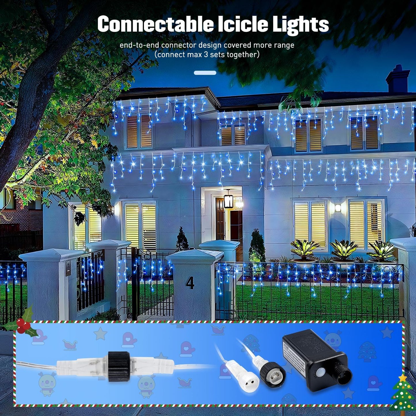JMEXSUSS Blue&White Icicle Lights - 38.8FT 400 LED Icicle String Lights with Remote for Indoor/Outdoor, House, Bedroom, Fireplace, Birthday, Christmas Decorations