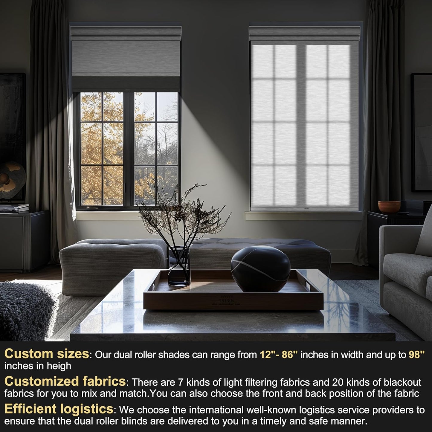 BERISSA Cordless Dual Roller Shades with Cassette Valance, Double Window Shades - Blackout and Light Filtering, Day and Night for Home Office Door. Grey and White. 40 W x 44" H