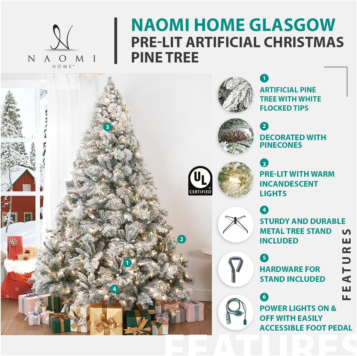 Naomi Home 4.5ft Christmas Tree with Lights Realistic Spruce Christmas Tree Prelit with Foot Pedal 674 Branch Tips 250 Warm Lights and Metal Stand Aritificial Tree +ürbol De Navidad