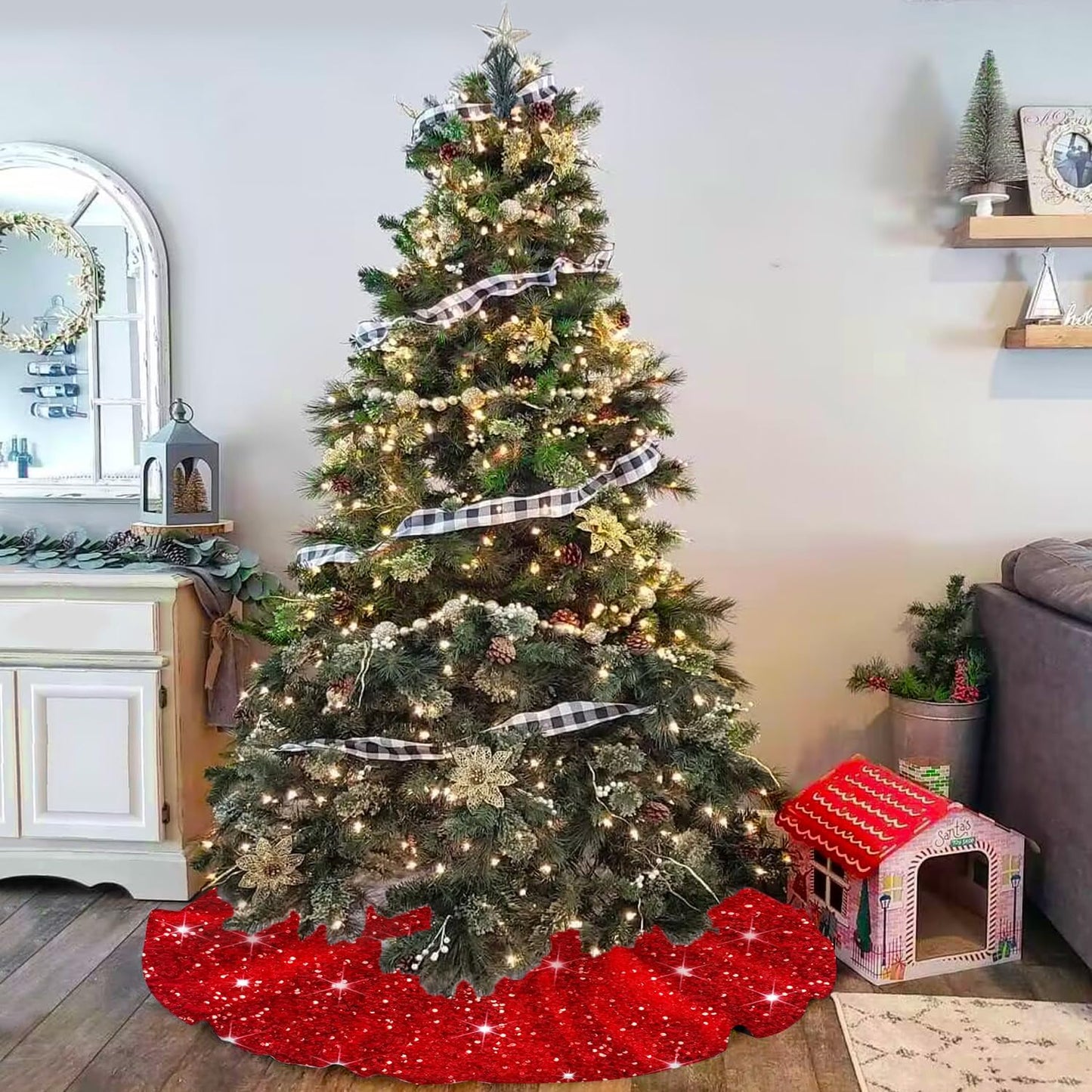 MODFUNS Sequin Christmas Tree Skirt Red Tree Skirt 46 Inch Sparkly Christmas Tree Skirt Thick Velvet Tree Mat Large Sequins Tree Skirts Collar Shimmer Tree Skirts for Christmas New Year Party