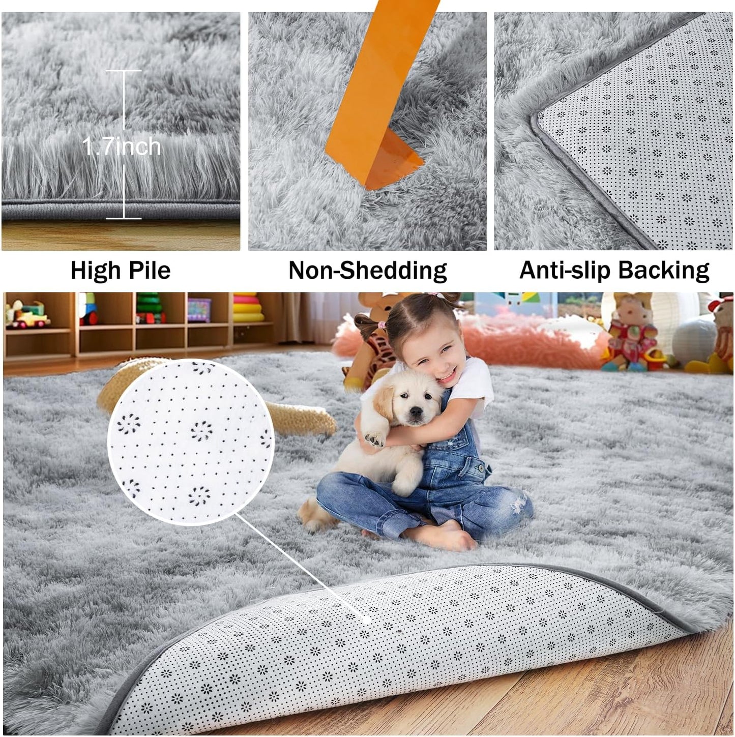 Rezutan Area Rugs 9x12 Living Room, Large Fluffy Rugs for Bedroom, Soft Carpet Shag Kids Room Rug,Fuzzy Rugs Indoor W/Non-Slip Bottom (Grey Tie-Dyed)