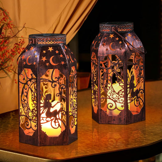 Solar Lanterns Outdoor Garden Hanging Lantern Waterproof LED Metal Bronze Moon Fairy Lantern Waterproof Flickering Flameless Candle Mission Lights for Table,Patio,Mother's Day Gift(2Pack)
