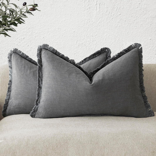 Foindtower Set of 2 Decorative Linen Fringe Lumbar Throw Pillow Covers Boho Farmhouse Cushion Cover with Tassels Soft Accent Pillowcase for Couch Sofa Bed Living Room Home Decor,12×20 Inch,Gray