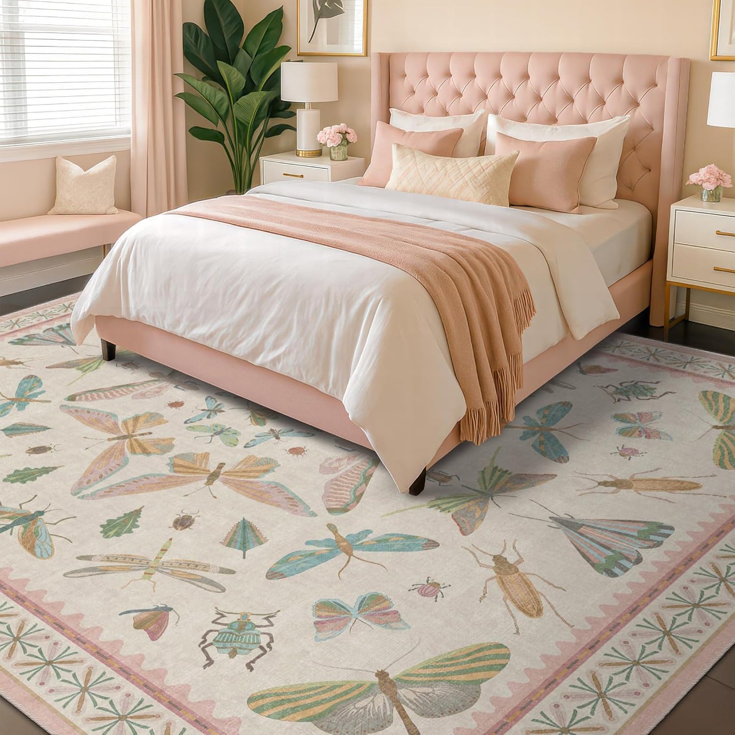 Floral Pink Rugs for Bedroom Girls 6x9 - Insect Print Cute Girly Rug for Living Room, Dining Room Under Kitchen Talbe, Washable Low Pile Vintage Bug Art Nouveau Home Decor